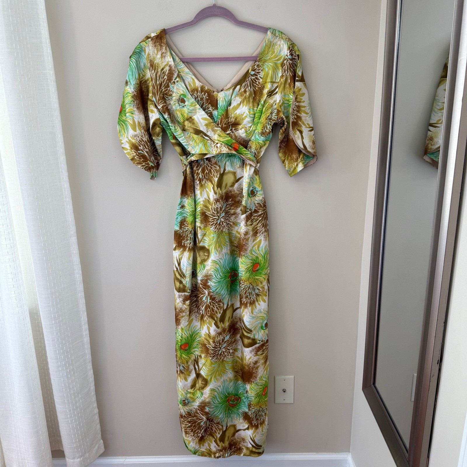 Vintage Royal Hawaiian Rayon Maxi Dress Green Brown Floral Tiki Surplice Size 12