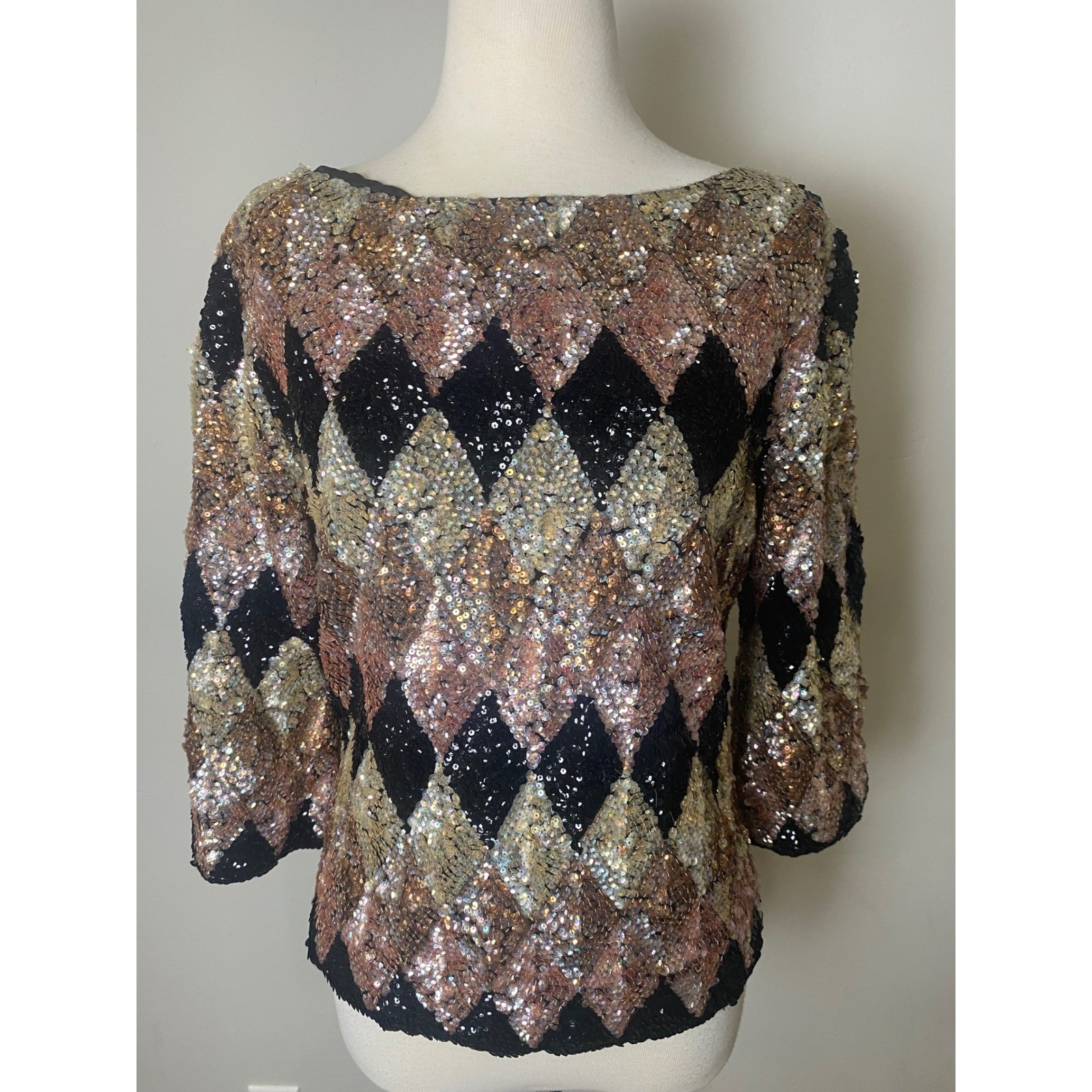Vintage Harlequin Sequin Top Gold Bronze Black Diamond Pattern Evening Blouse