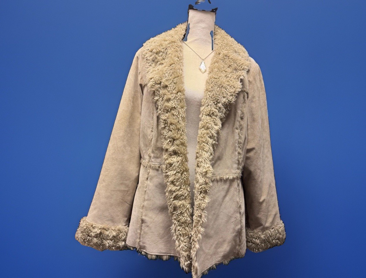 Vtg Lane Bryant Y2K Tan Leather Shag Penny Lane Coat Afghan Festival Fairy 14/16
