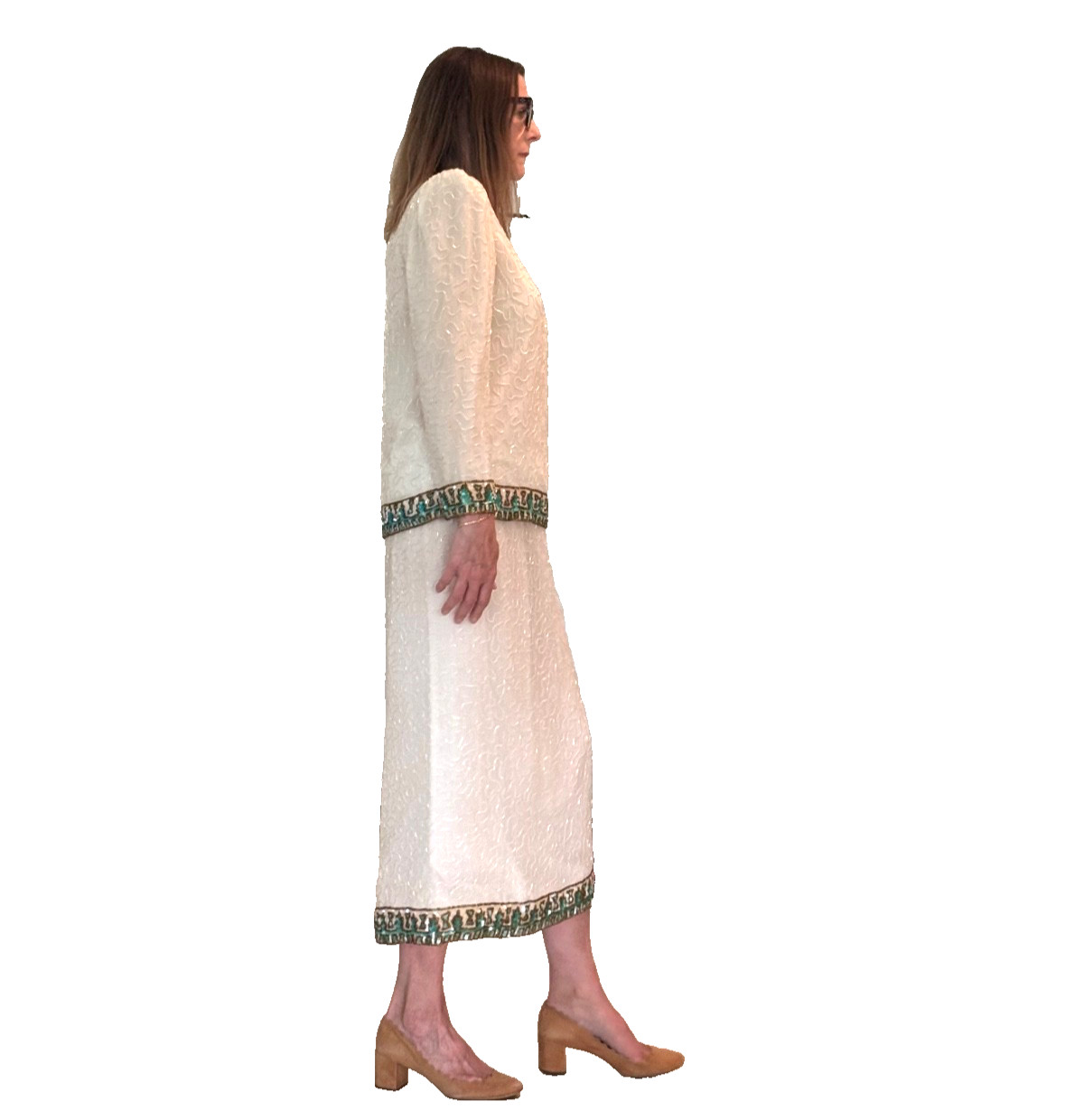 Vintage 70’s Women’s Dressy Scala 100% Silk Beaded Blouse and Skirt Set LG