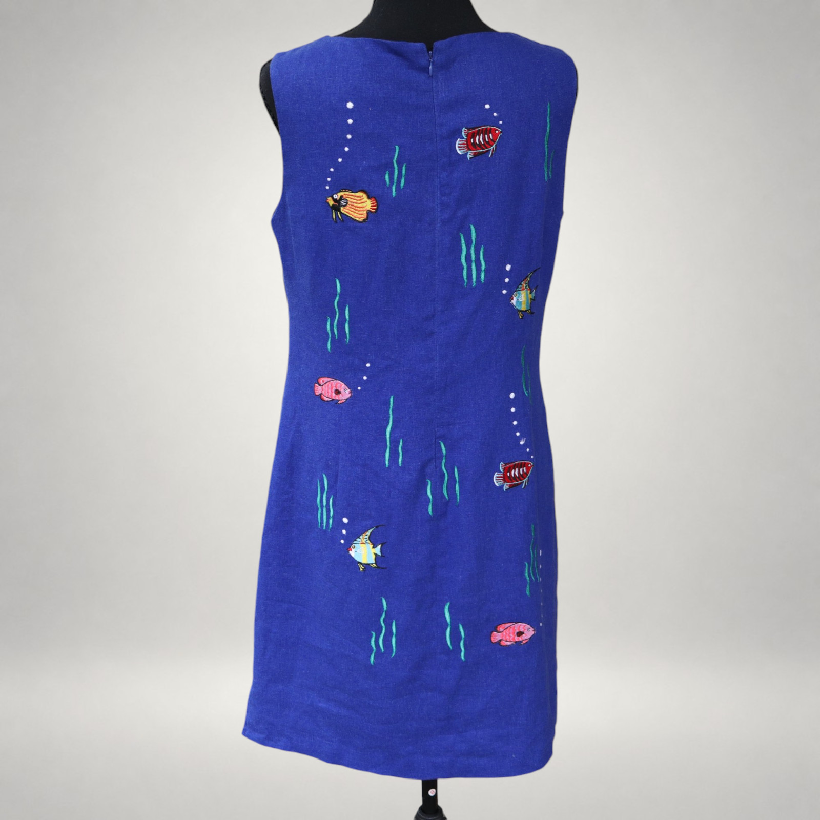 Vintage Ultra Dress Fish Embroidered Linen Rayon Shift Dress Blue Women’s Size 8