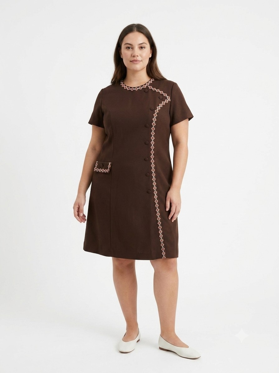 Vintage Roamans Dress Brown 1970s Retro Mod Shift Day Dress 2X/3X