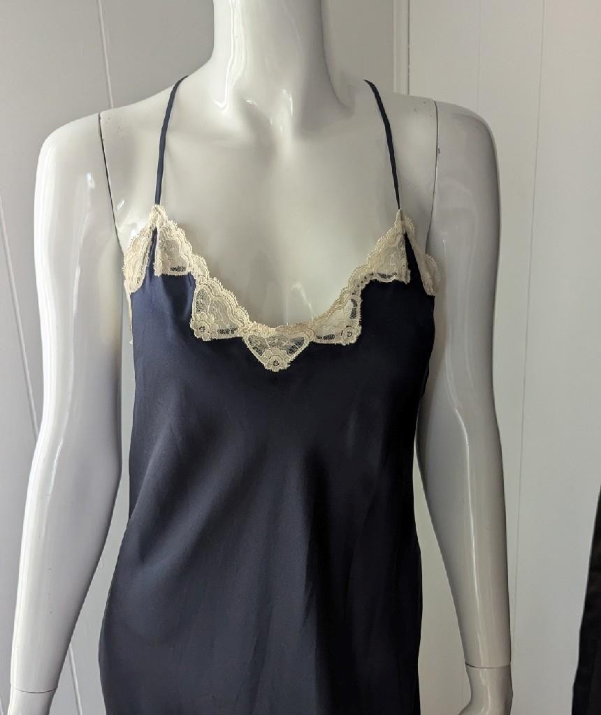 Donna Karan Intimates Black Silk Chemise With Lace Strappy Medium 1990s