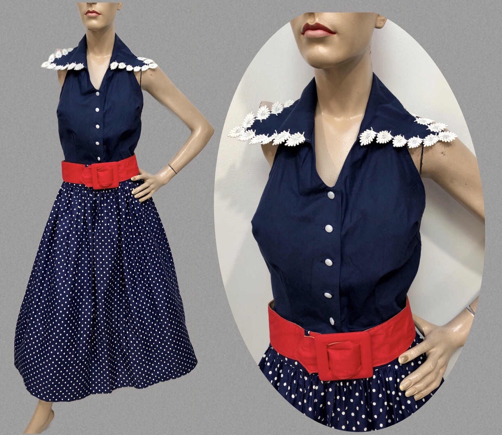 VTG HTF* 1950s Sportswear Separates HALTER Top & POLKA DOT SKIRT w/RED BELT