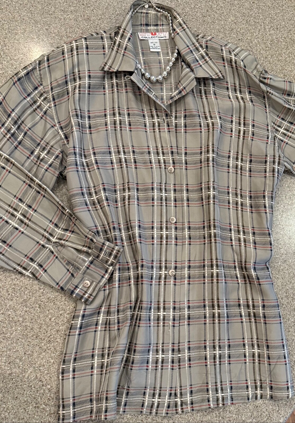 STUNT COLLECTIONS Vintage Green Plaid Long Sleeve Silk Button Front Blouse Sz M