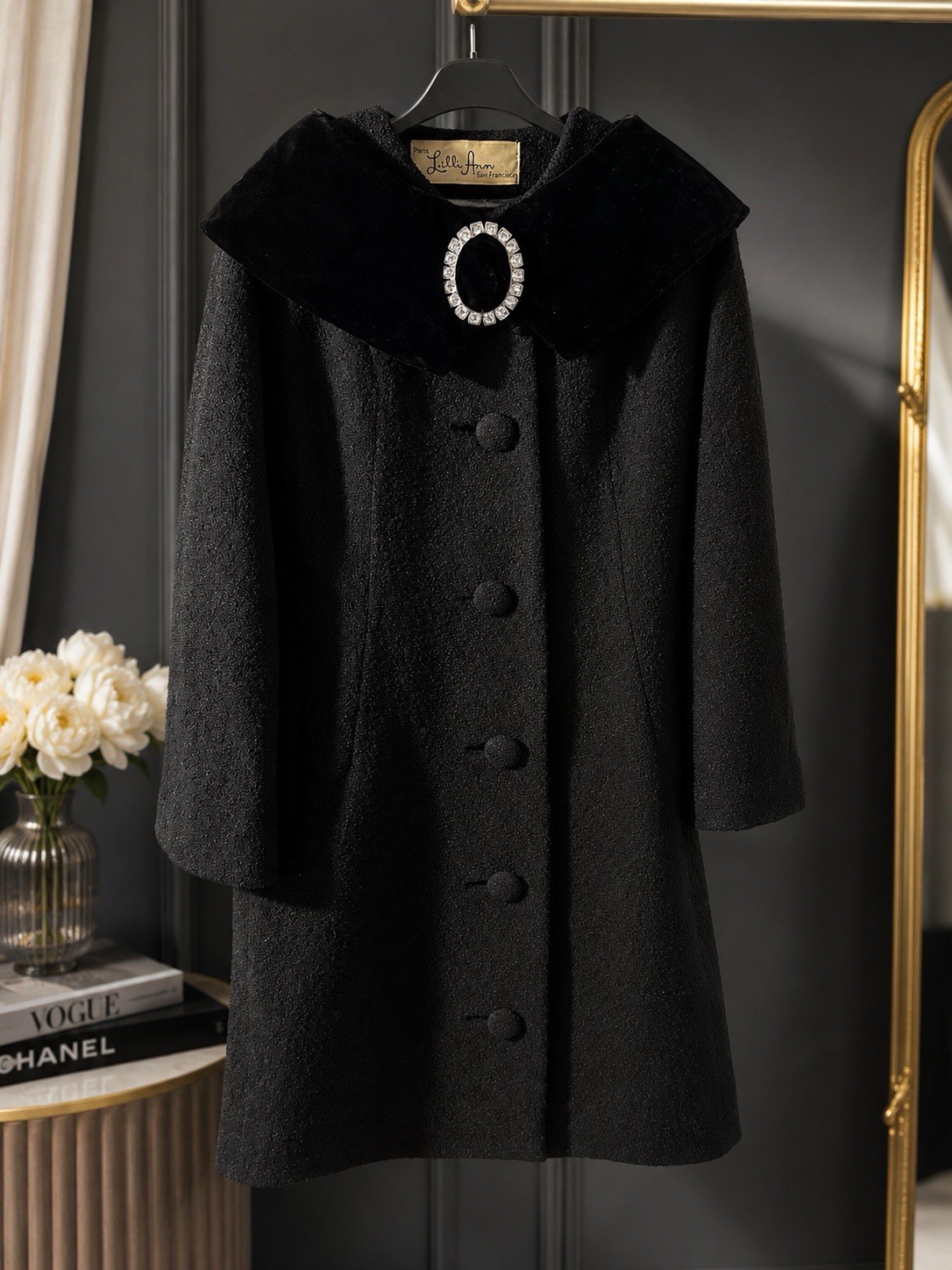 Vintage 1950s Lilli Ann Black Boucle Swing Coat Velvet Collar Rhinestone Buckle