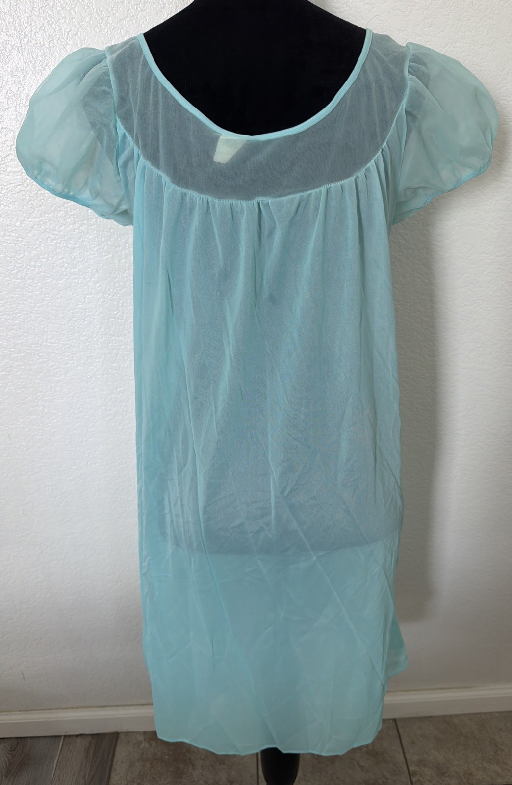 Vtg 70s Lingerie Short 2 Layer Nylon & Chiffon Nightgown Aqua Sz M USA Flowers
