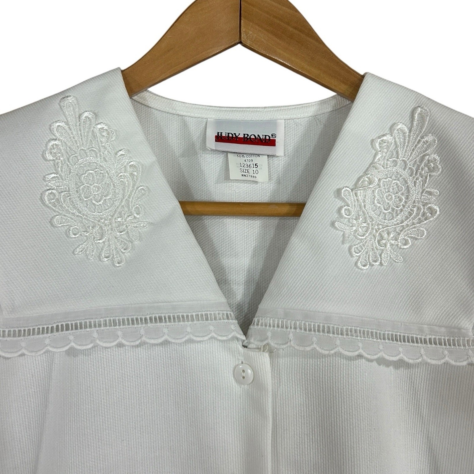 Vintage White Blouse Top Judy Bond Sailor Collar Button Down SZ 10 Short Sleeve