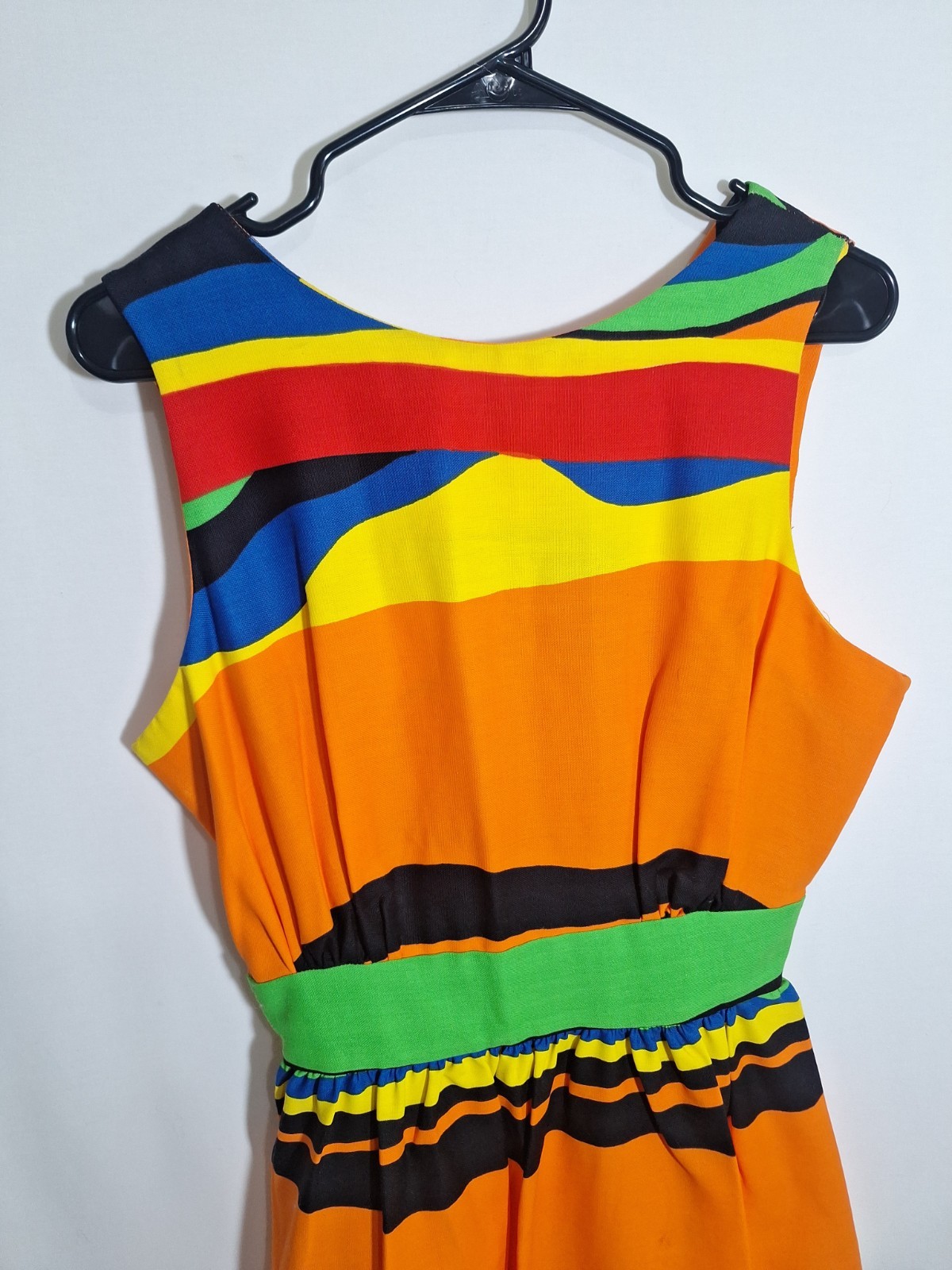 Vtg 70s Malia Honolulu Rainbow Striped Dress Cutout Open Back Mod Pop Art Small