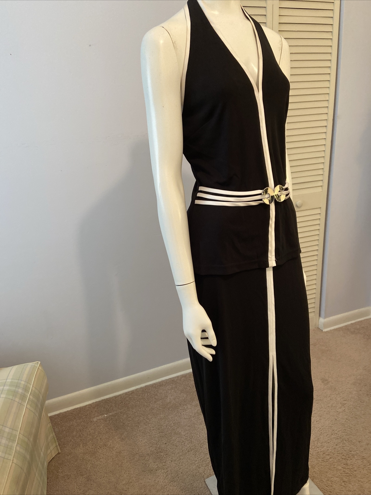 Vtg CHIC JOSEPH RIBKOFF 2 PC Halter Top Skirt Black With White Trim Slit Sz 10