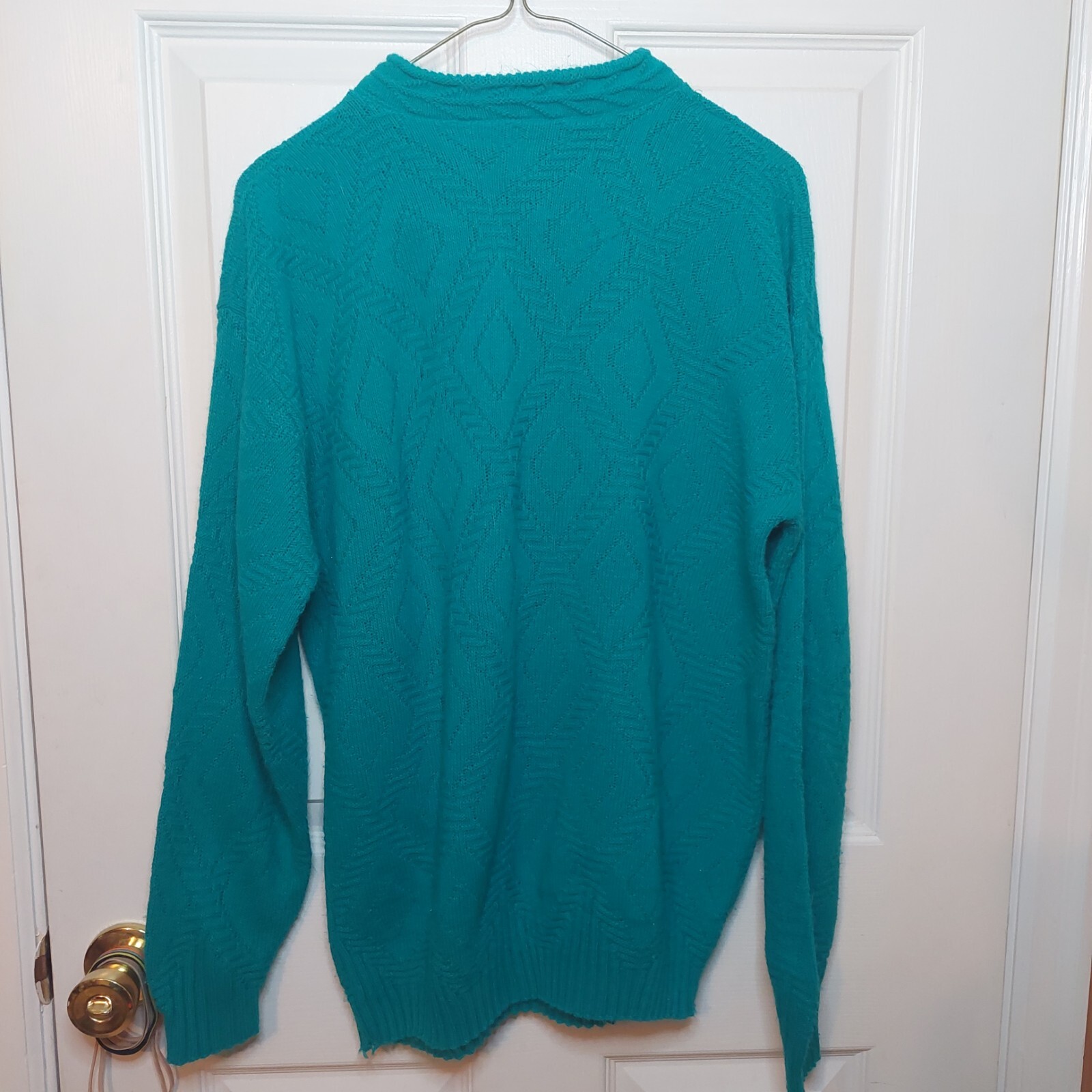 Adele Knitwear Vintage 80’s Teal Diamond Textured Knit Crewneck Sweater Size L