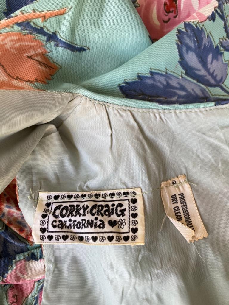 Corky Craig California Dress Vtg 1960s Caplet Shawl Collar Aqua Rose Paisley