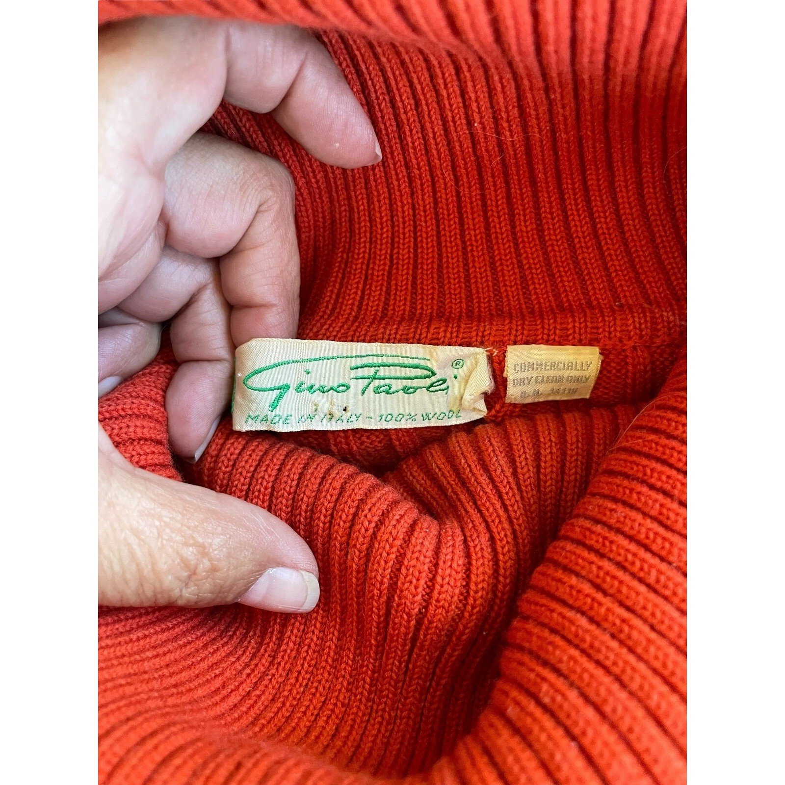 Gino Paoli Vintage Italian 100% Wool Ribbed Cowl Neck Sweater Orange Size 12