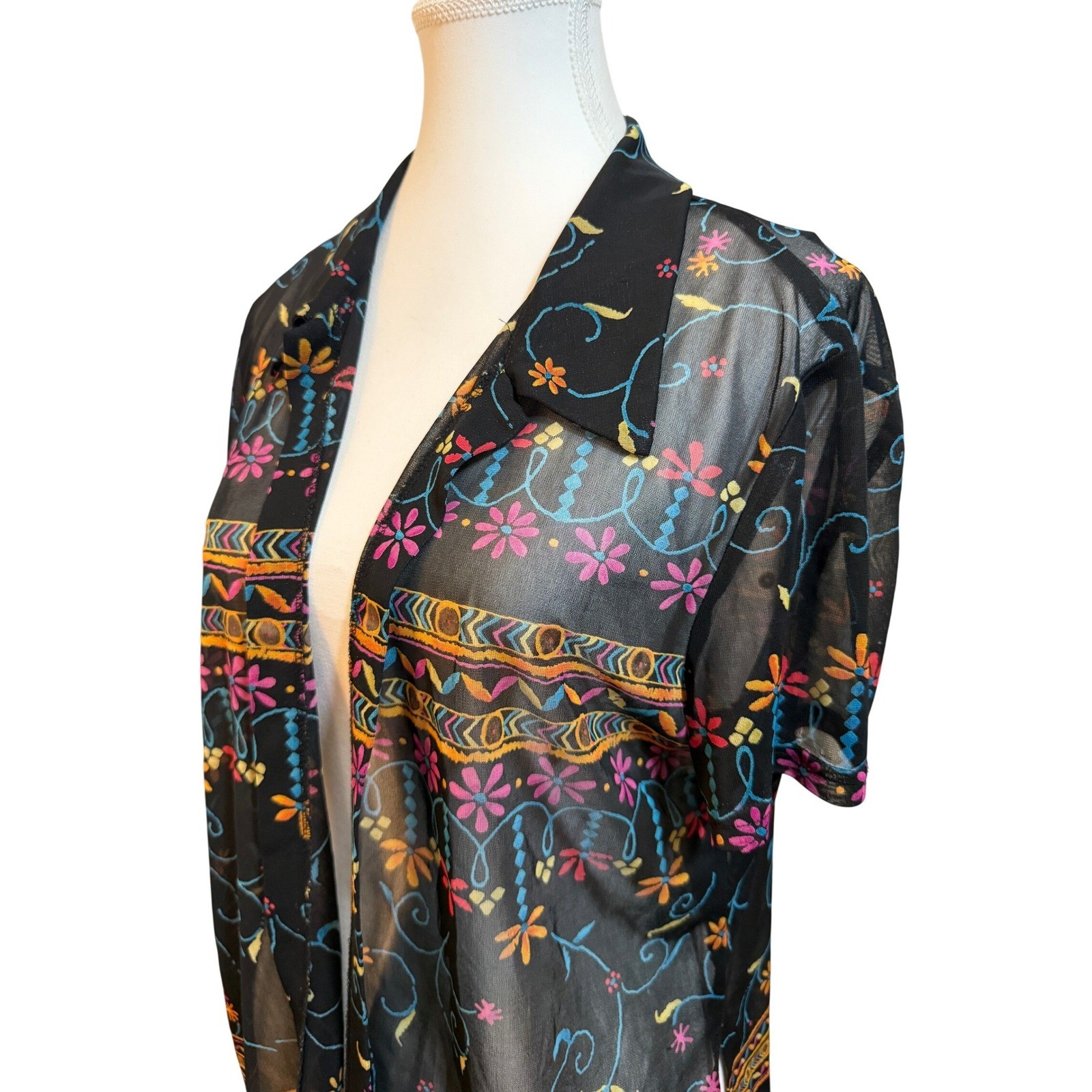 Allison-Che Vintage Button Up Blouse Women Size 12 Black Multi Color Sheer