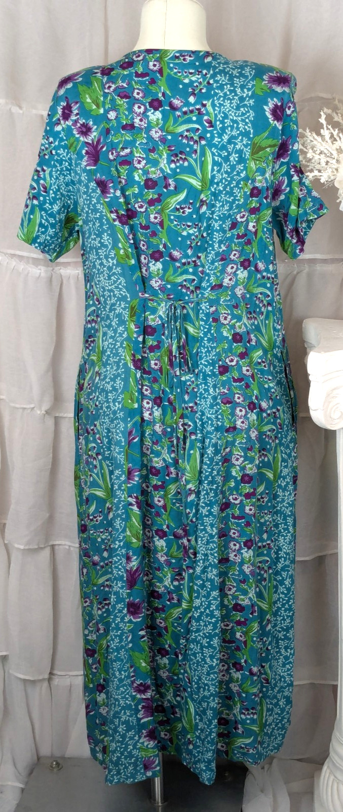 LA Cera VTG Teal Purple Floral Button Front Pockets Padded Shoulder Midi Dress L