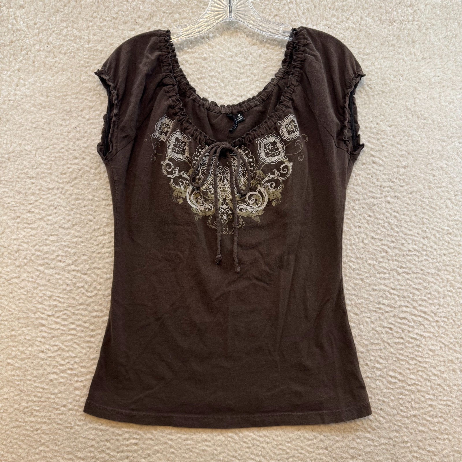 Y2K Vintage Top Shirt Medium Large Brown Milkmaid Peasant Boho Fairy Whimsigoth
