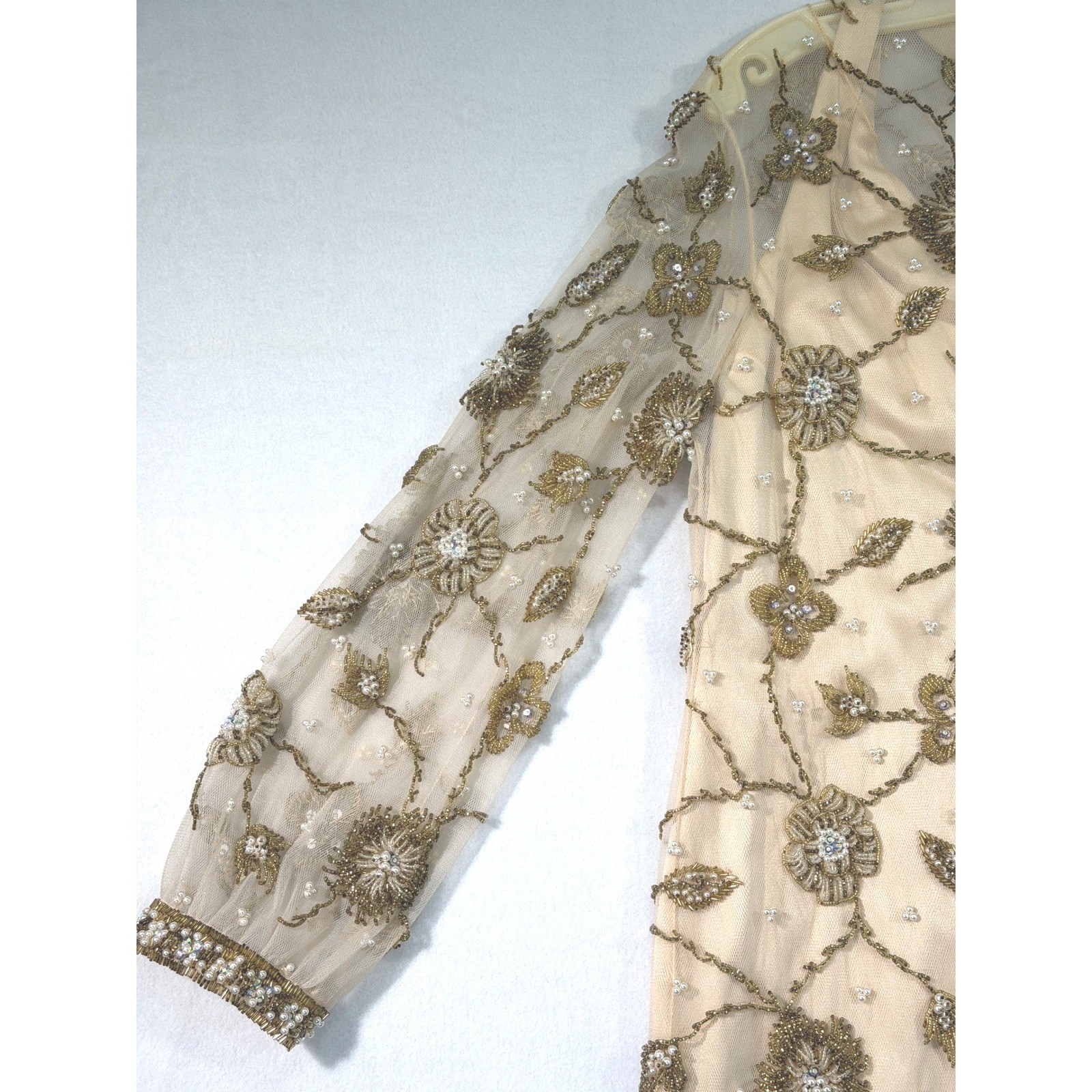 Handmade Vintage Palm Beach Gold Silk Beaded Dress 14 M / L Long Sleeve