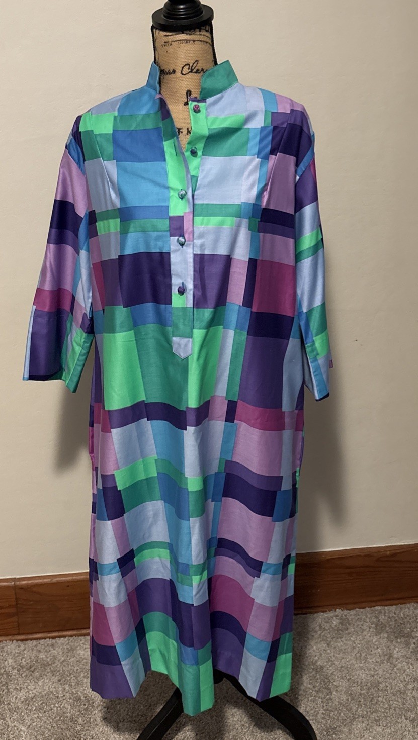 Vintage Fab 60s/ Catherine Ogust Blue color block cotton Caftan Medium size.