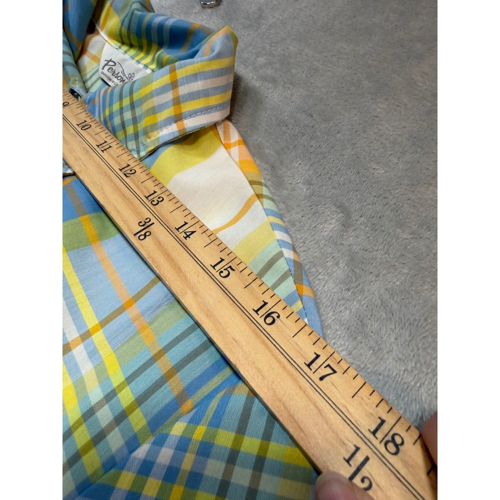 Vintage 70s Plaid Dagger Collar Button Down Blouse Blue Yellow Orange Size 14