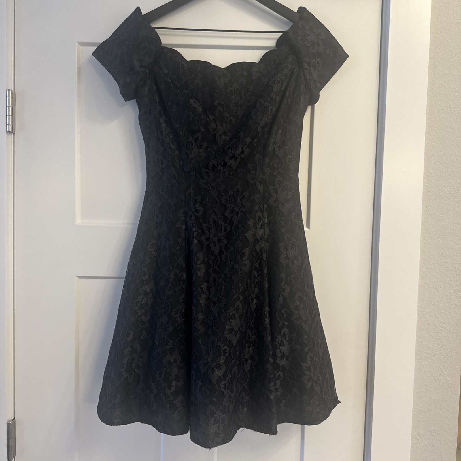 VTG 90s Off Shoulder Flare Mini Dress Prom Sz S Black Lace Roberta Grunge Goth