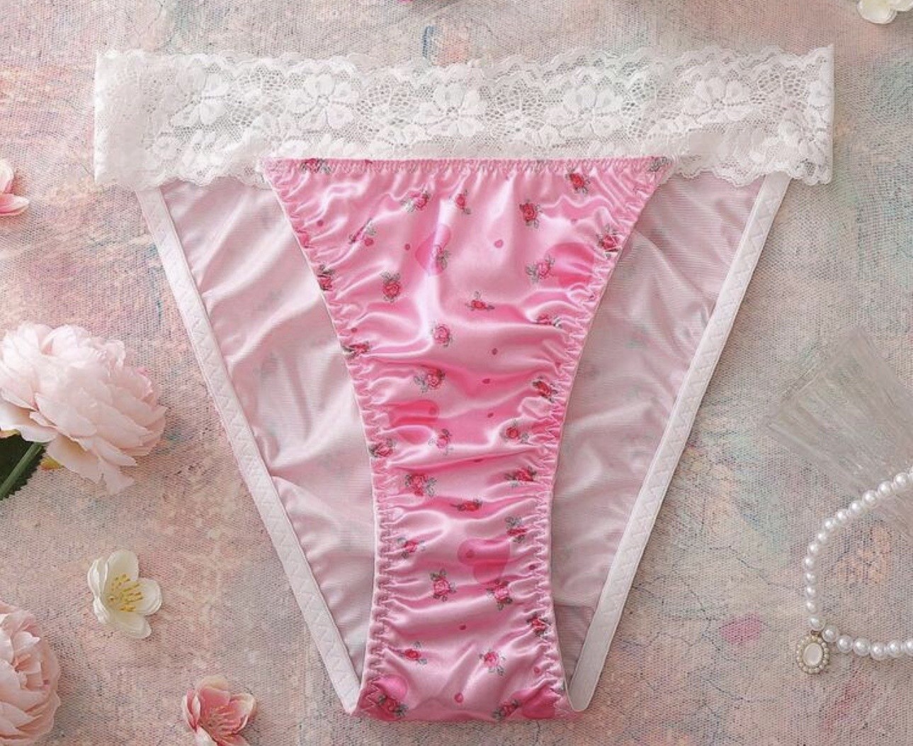 Glossy Pink Floral 2nd Skin Satin Lace Waistband Hi-Cut Rio Panties XL NEW