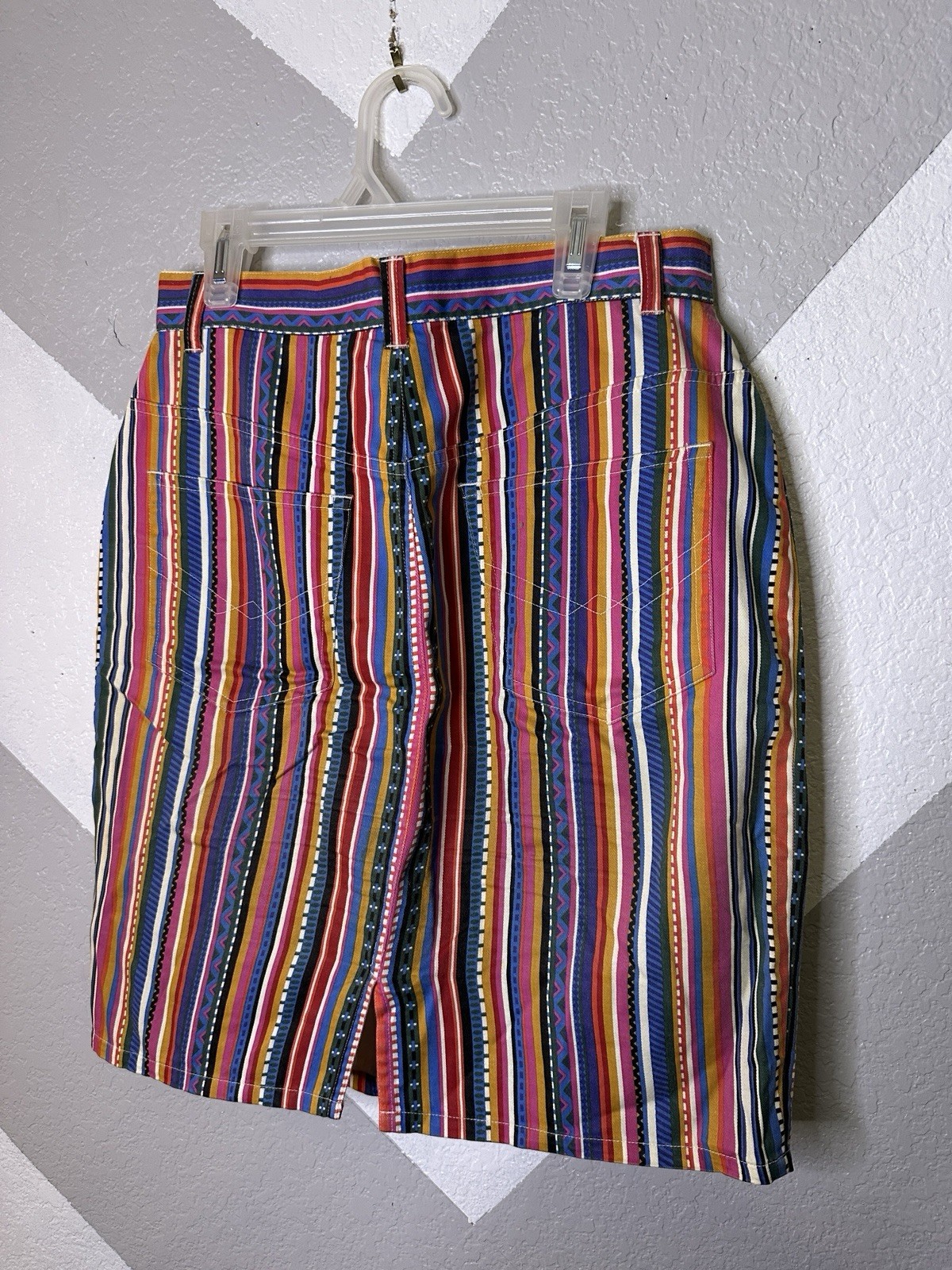 Vintage Skirt Gitano Tribal Stripe 1990s Pink White Blue Zipper Pocket Sz 11/12