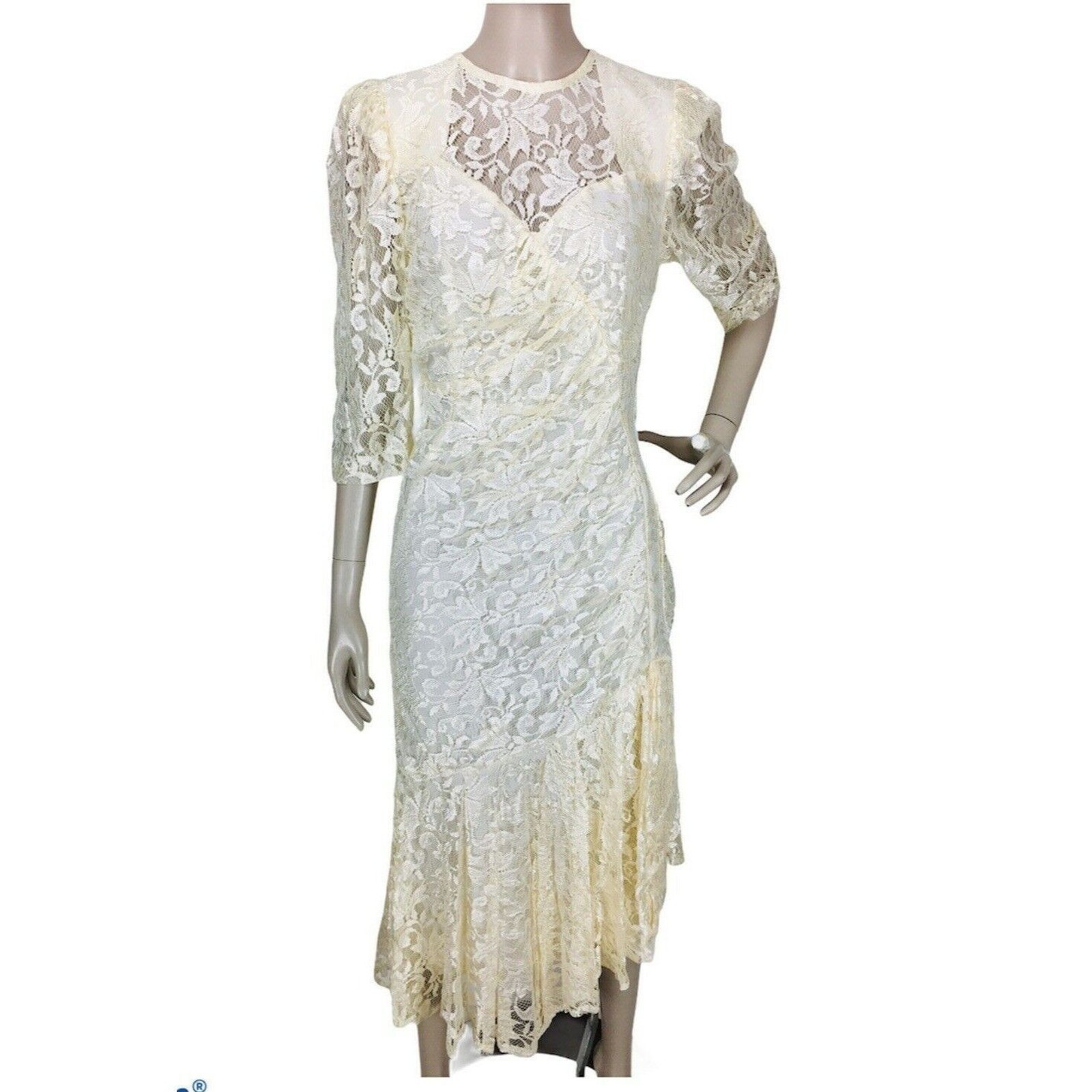Vintage 70s Ivory Lace Illusion Tiered Bohemian Wedding Party Dress NEW