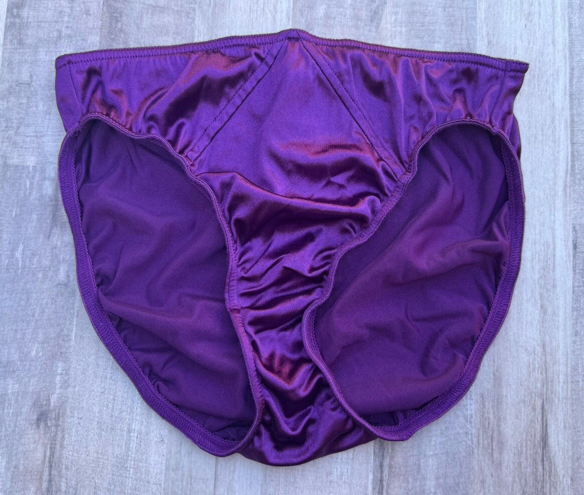 Vtg Deep Plum Purple Silky Nylon Satin French Hi-cut Brief Panties Sz XL