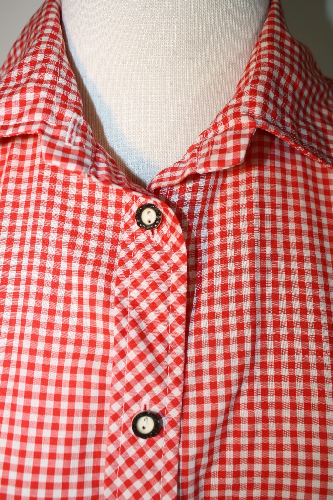 VINTAGE German Austrian Gingham Red White Horn Button Shirt 42 S M 6 8 10