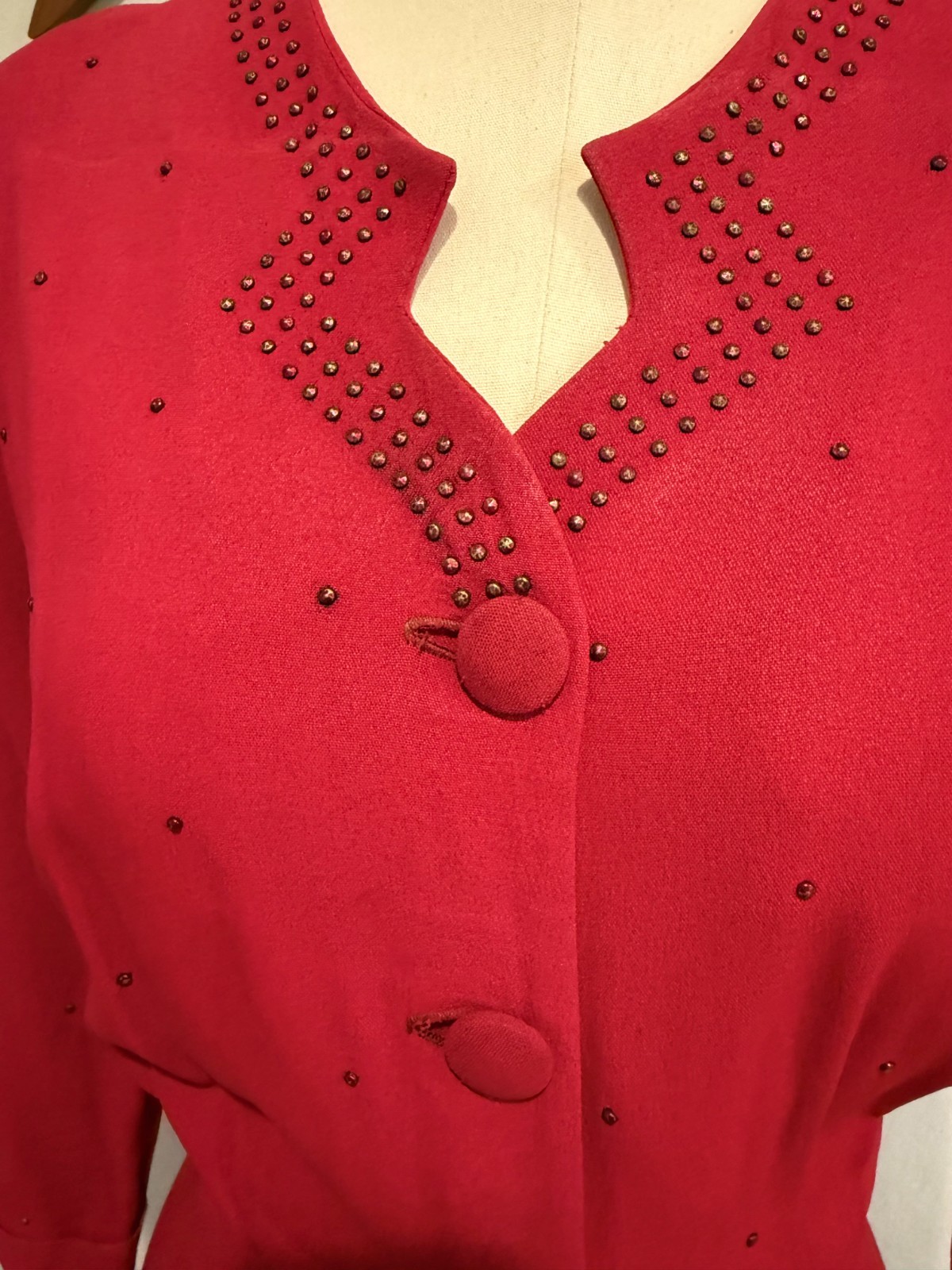1940s Red Rayon Crepe Shirtwaist Dress with Studs Volup