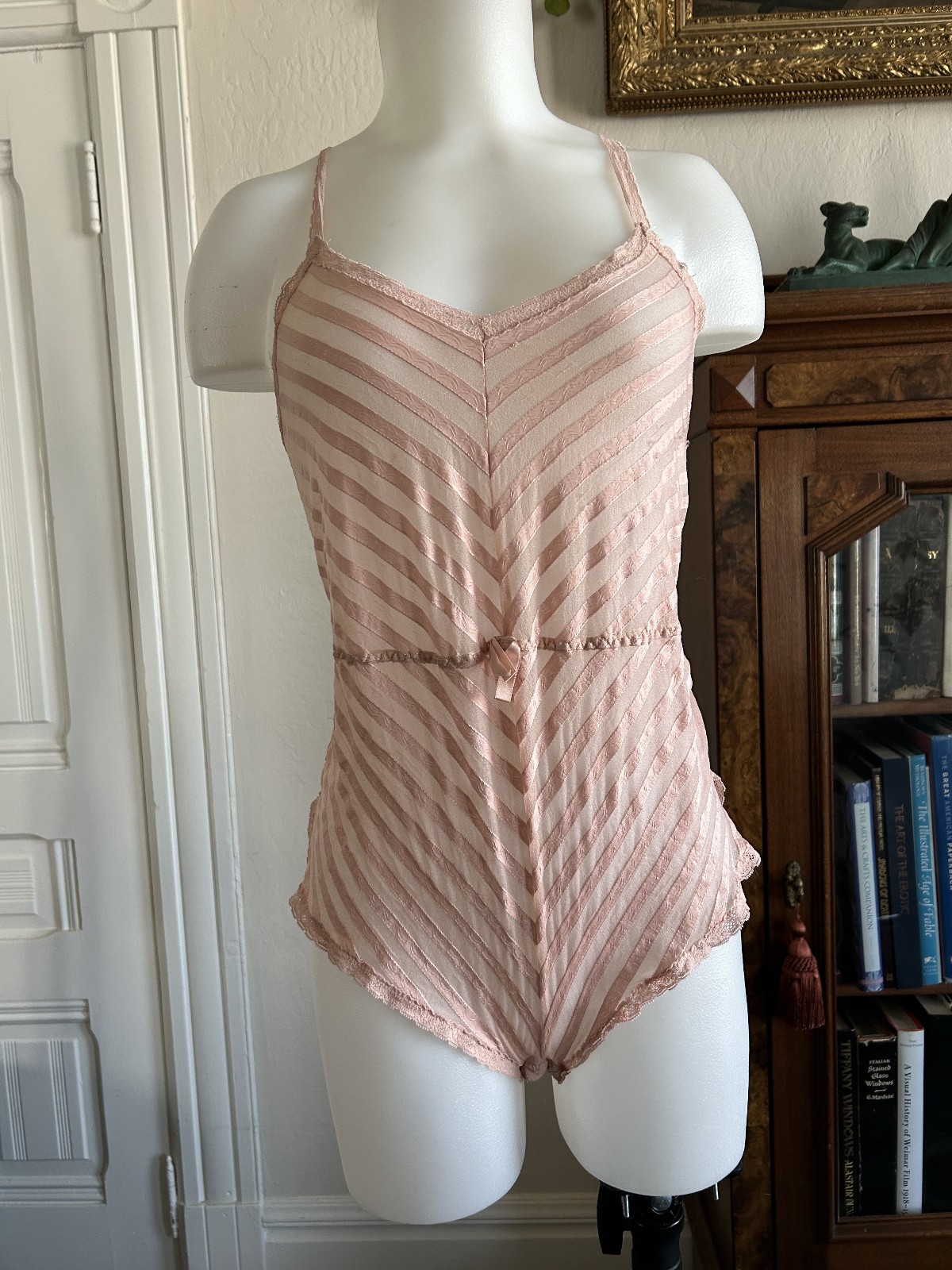 Vintage 70s Lily of France Sz Medium M Pink Sheer Striped Lingerie Romper Teddy