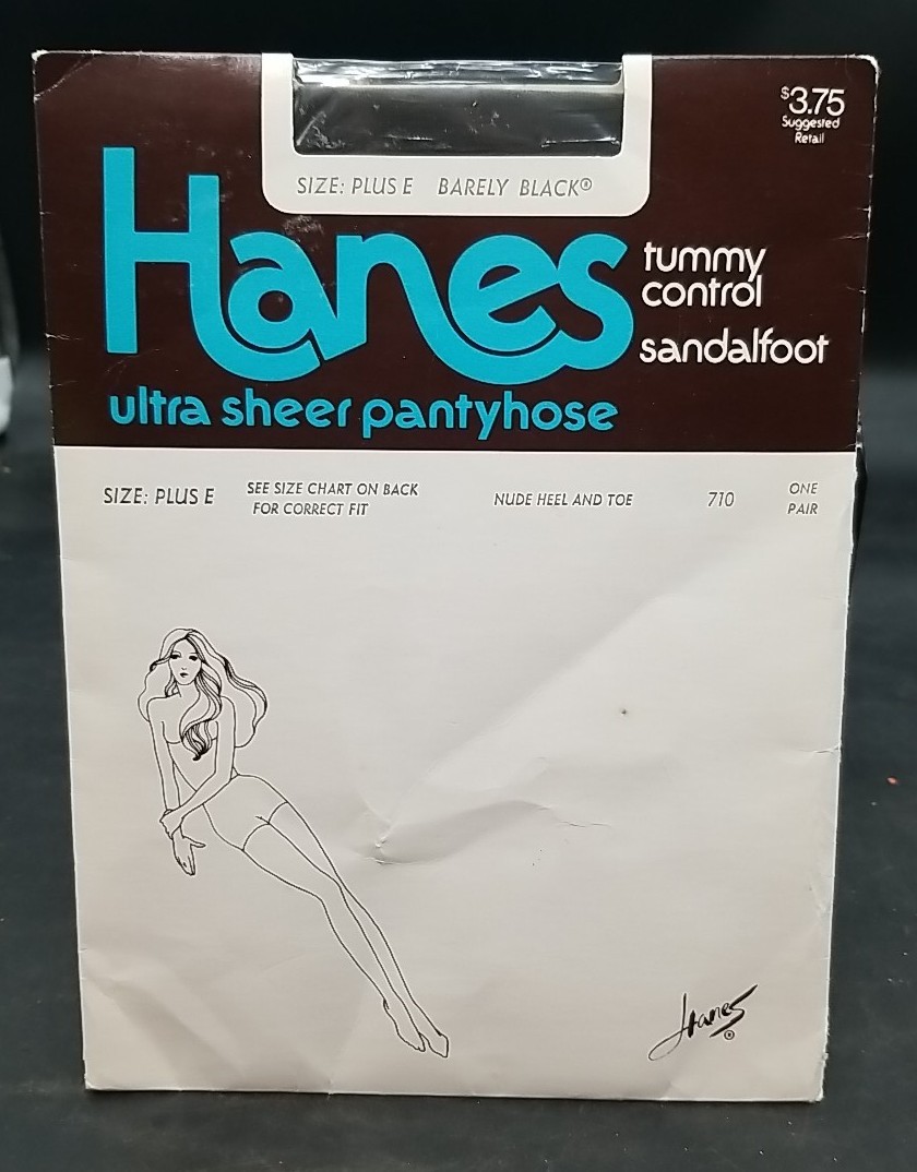 Hanes Ultra Sheer Pantyhose Size Plus E Barely Black 1970s Tummy Control Vtg
