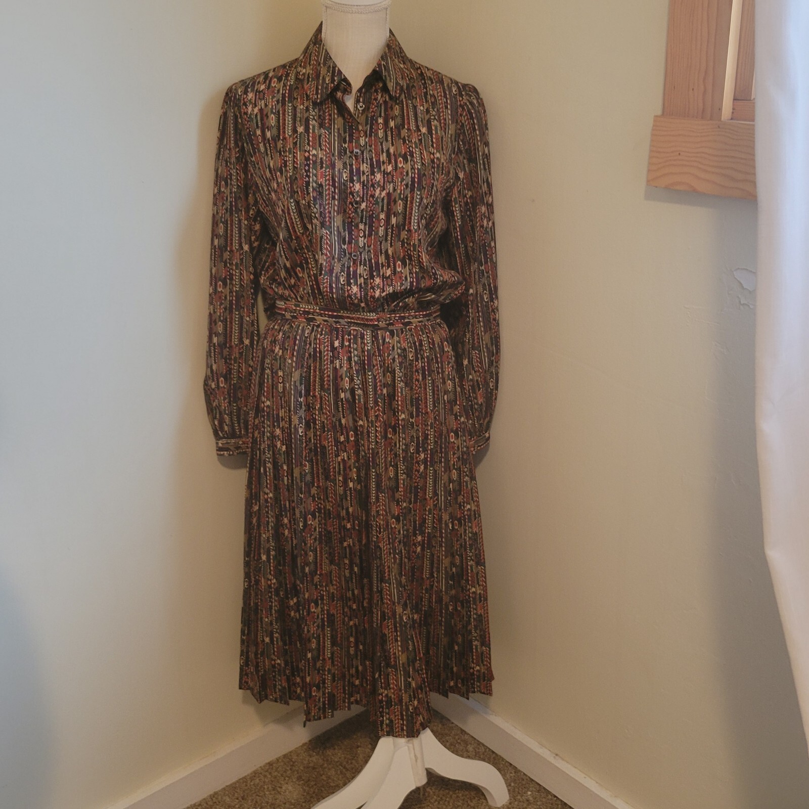 Vintage Jaeger London Southwest Print Pleated Skirt Button Front Top Purple Smal