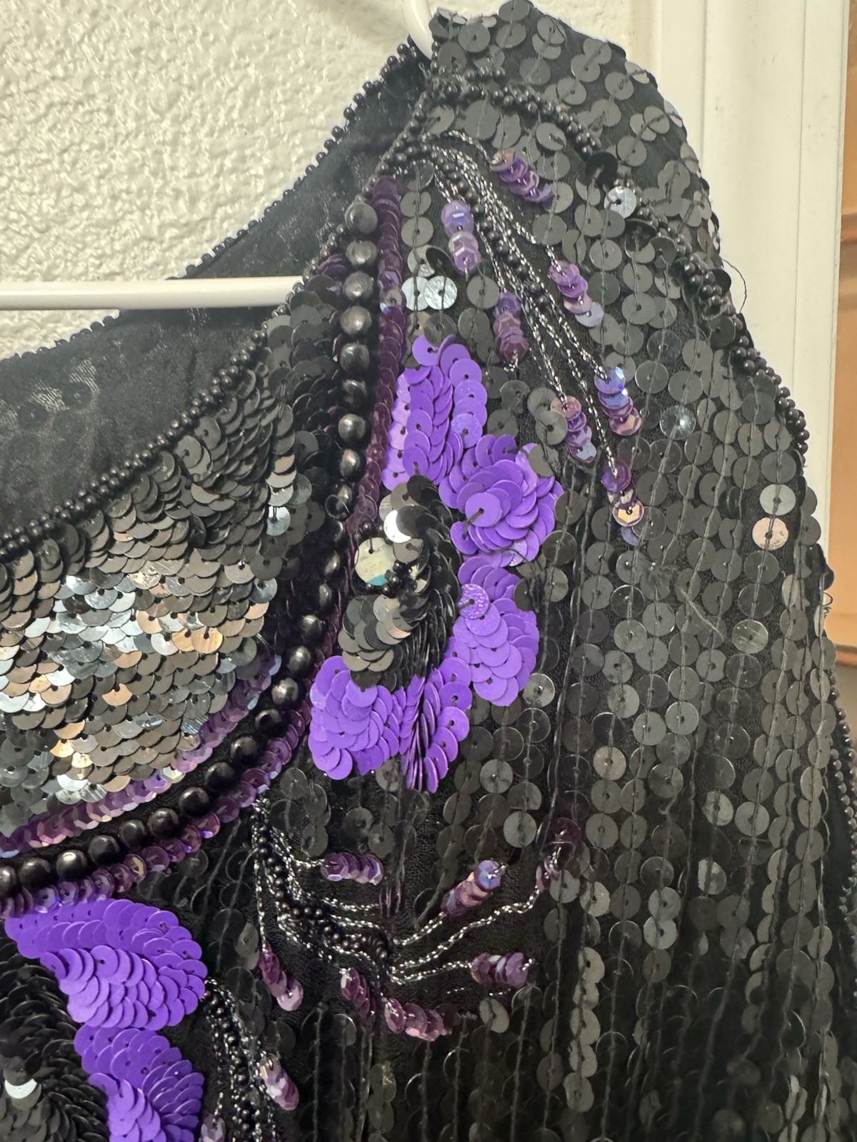 Vintage 1980’s Black / Purple Sequin Asymmetrical Blouse V Shape