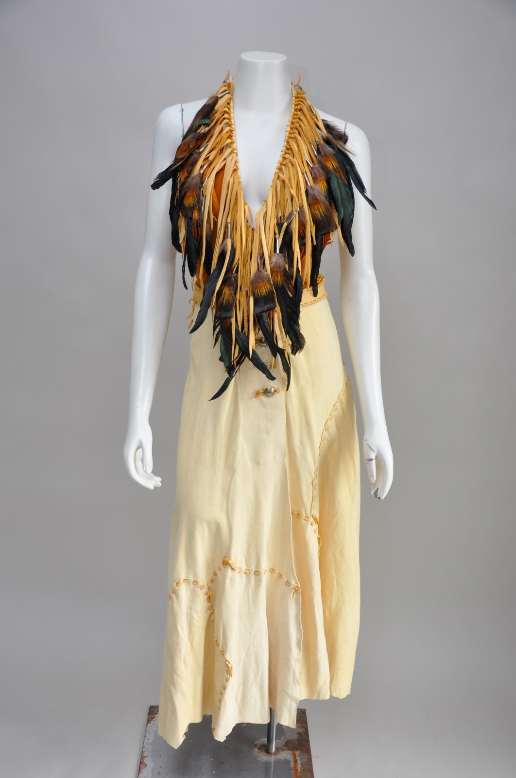 Vintage 1970 Gary Saxe Suede Halter Dress Jacket Set Feather Fringe Hippie Lux