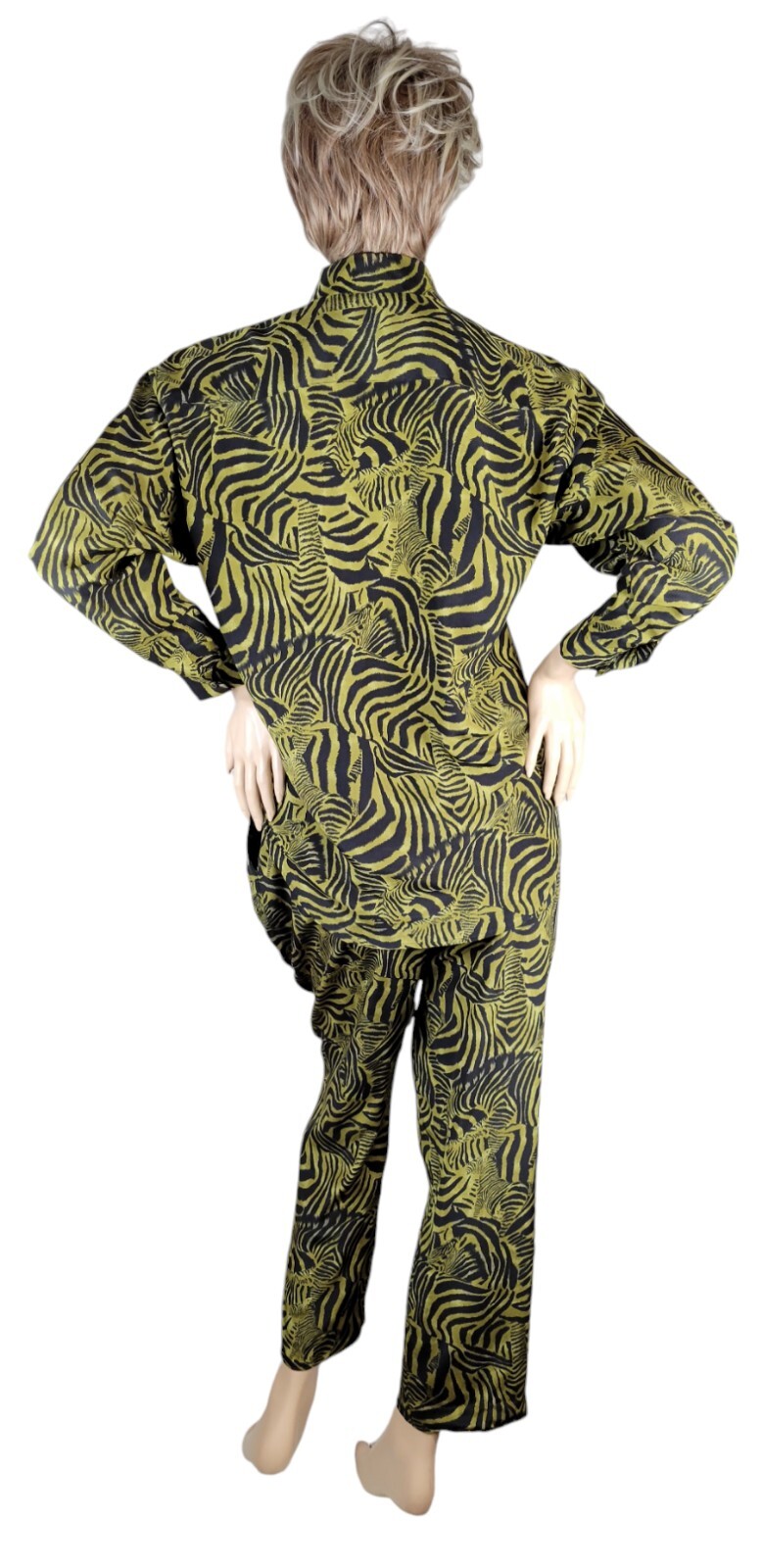 Vintage Ann May 100% Silk Zebra Green & Black Animal Blouse & Pant Suit Set 8