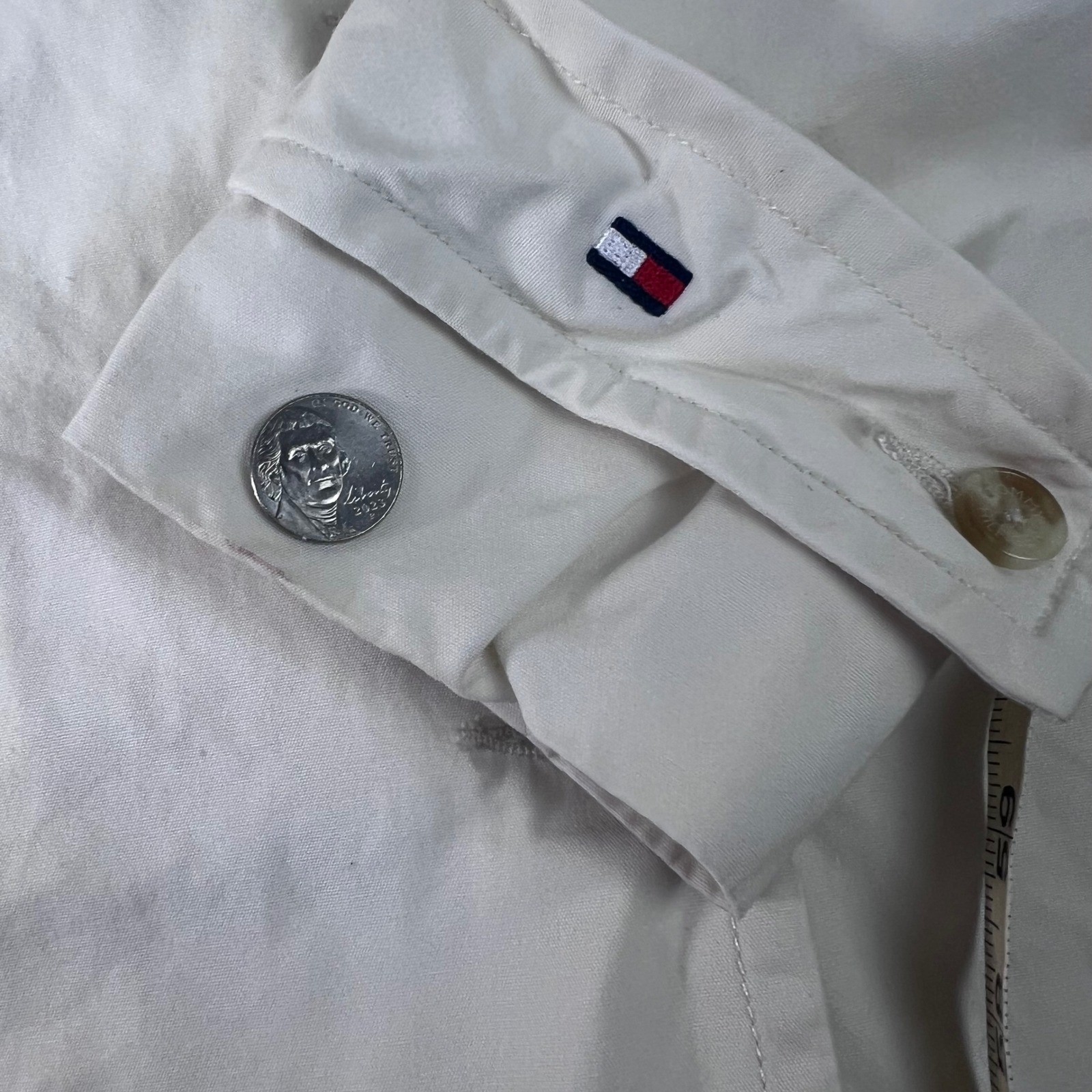 Vtg Tommy Hilfiger White Cotton Button Up Jacket Womens Medium Casual Mod Disco