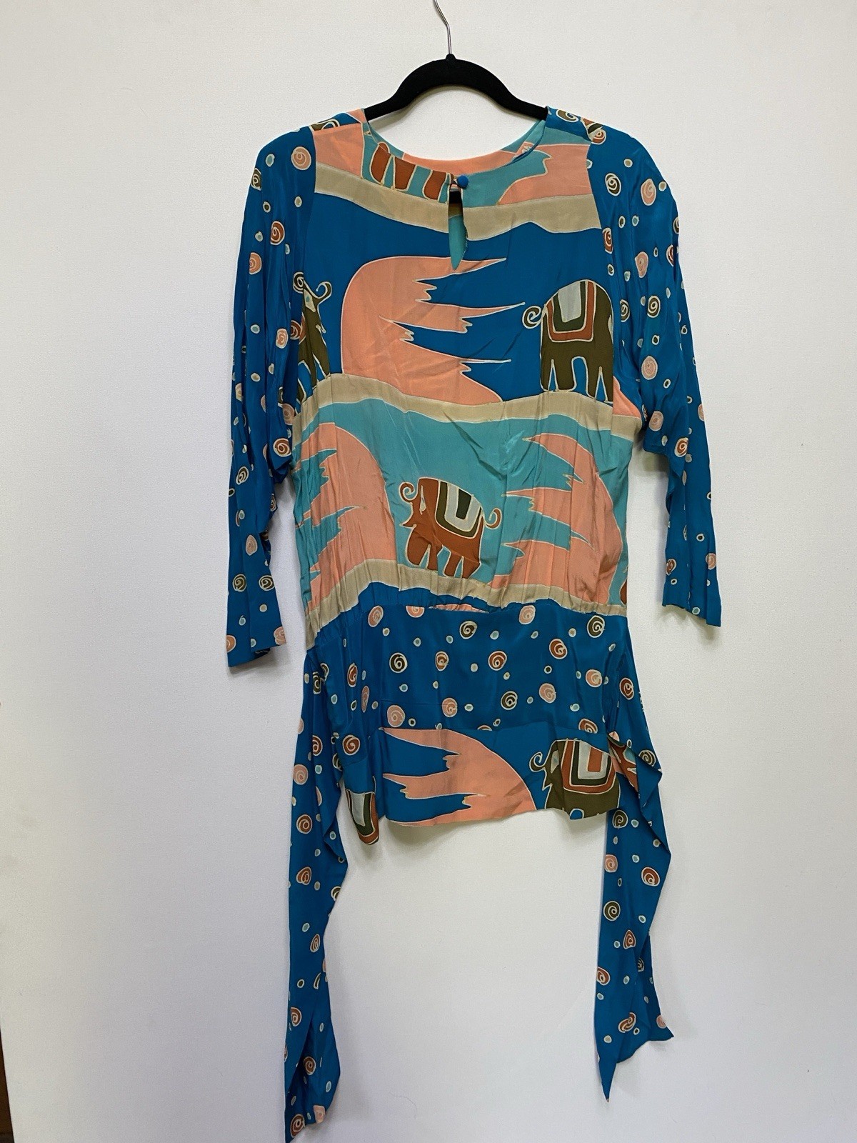 Vintage Silk Scapes M Hand Dyed 100% Silk Blouse Drop Waist Elephants