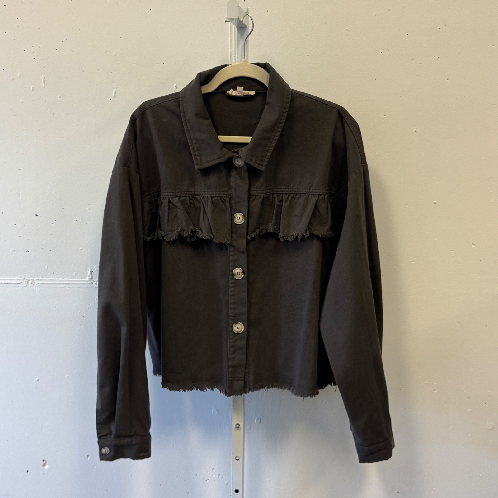 Ee:some Brown Ruffle Raw Hem Denim Jacket Women’s Large Grunge Distressed Twill