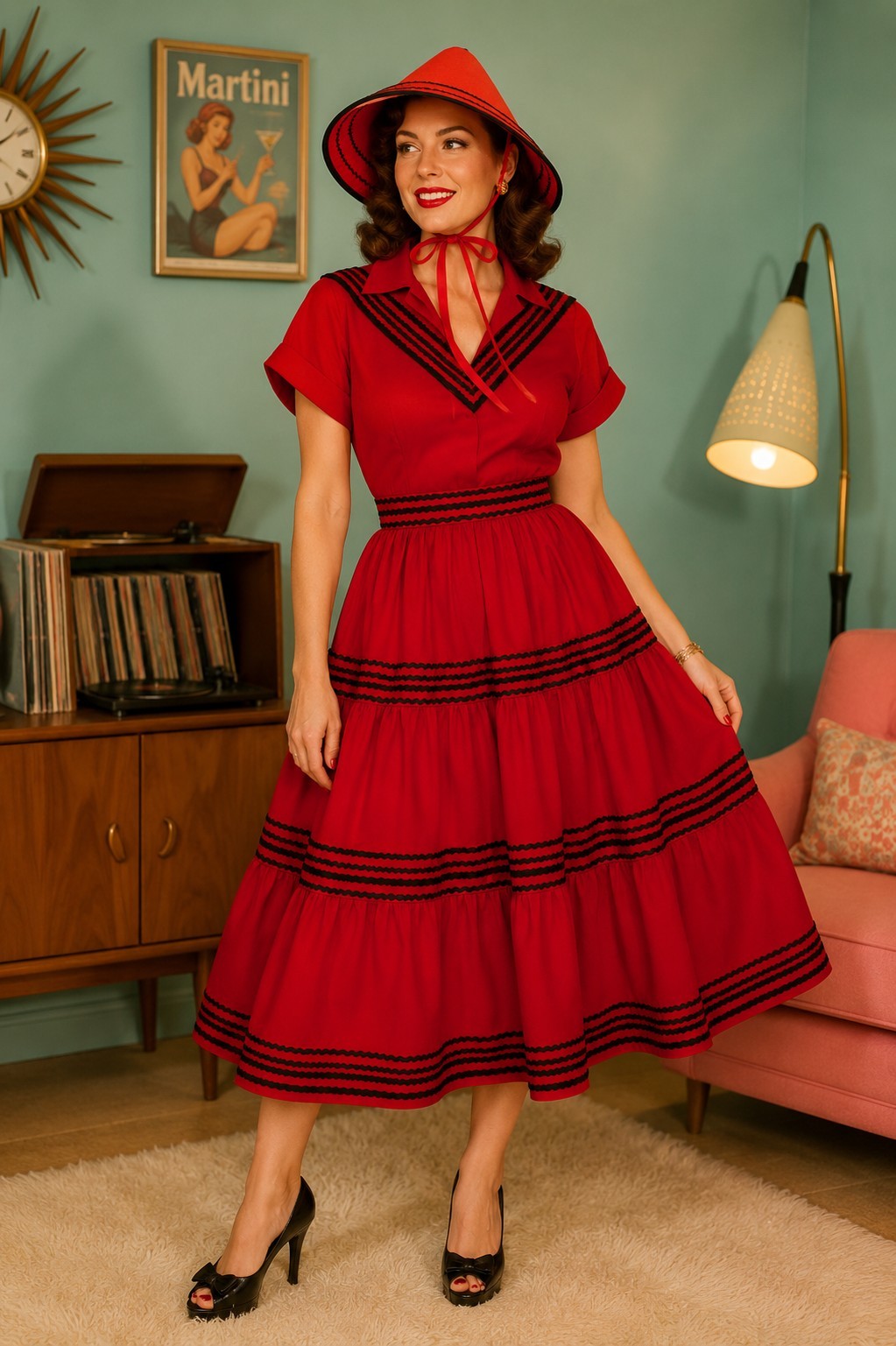 Vintage Red Patio Dress Top Skirt And Sun Hat Med Large 3 Piece Retro Set