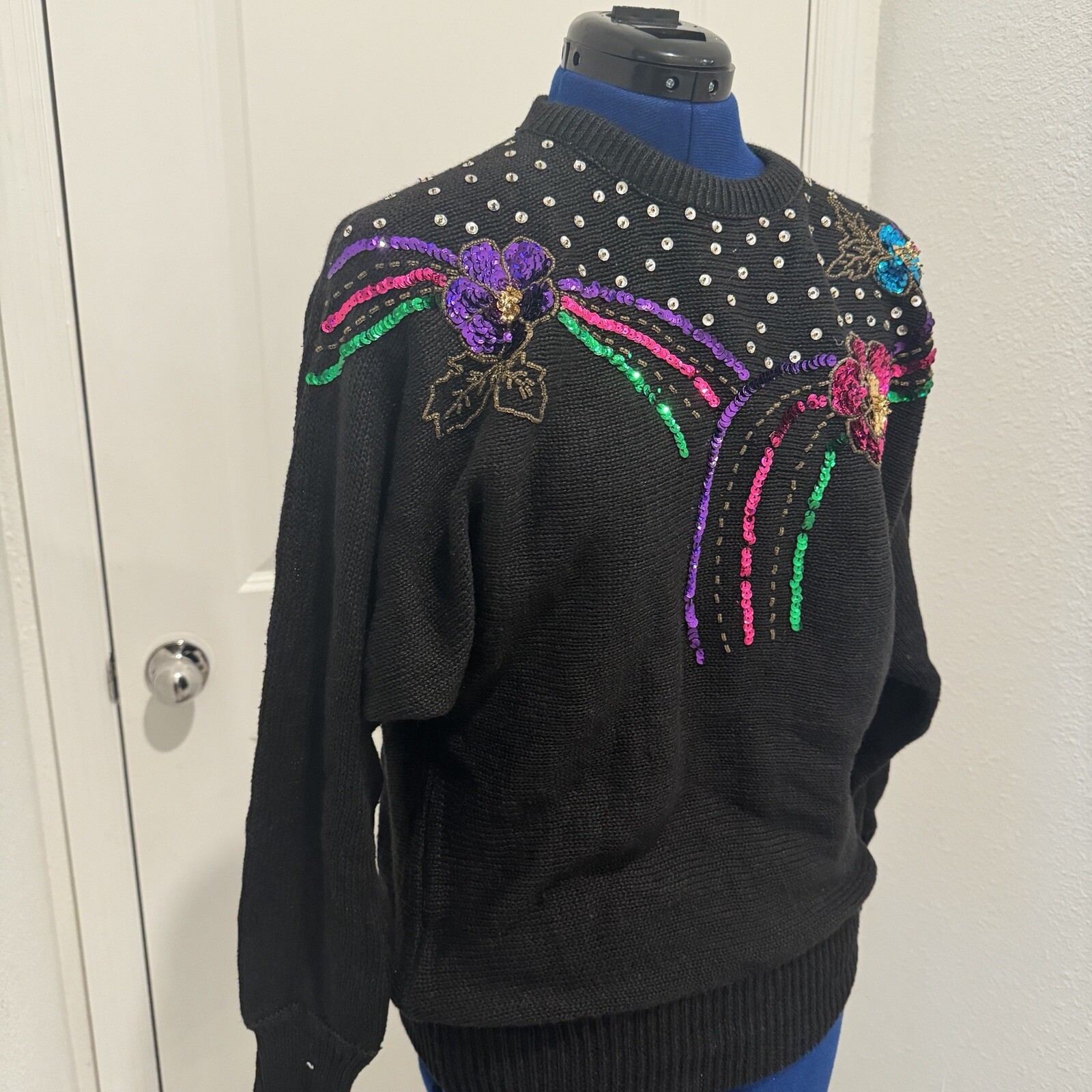 Vtg 80s Women’s Sequin Beaded Flower Black Fancy Sweater Pullover Size Medium