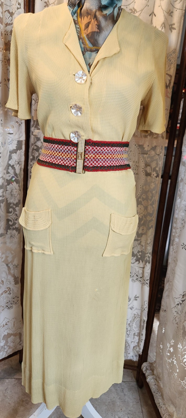Vintage 1930s Yellow Waffle Knit Dress with Flutter Sleeves and Pockets