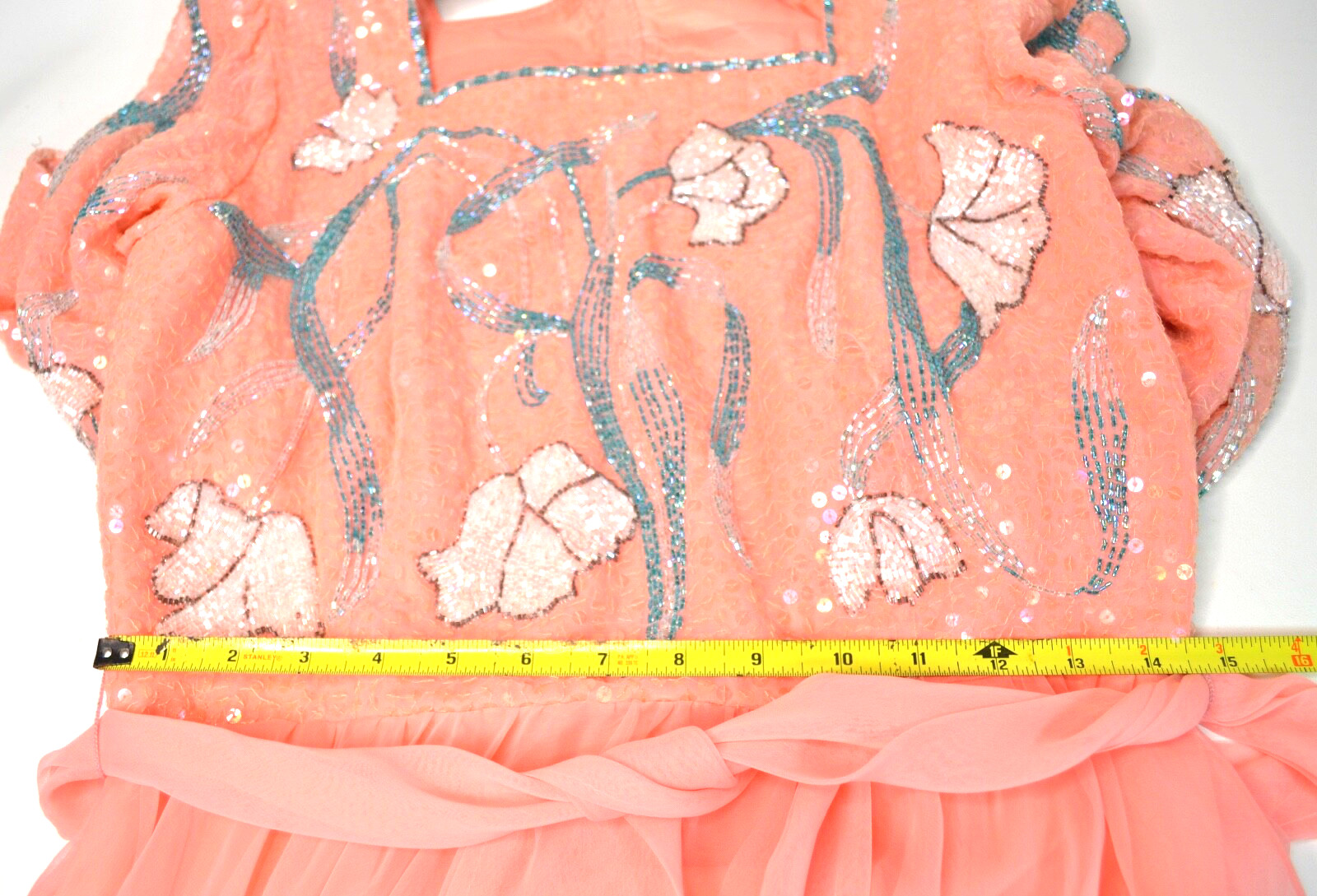 Romantic Vtg Jack Bryan Peach Chiffon Gown Sequins and Beads Long Sleeve Sz 10