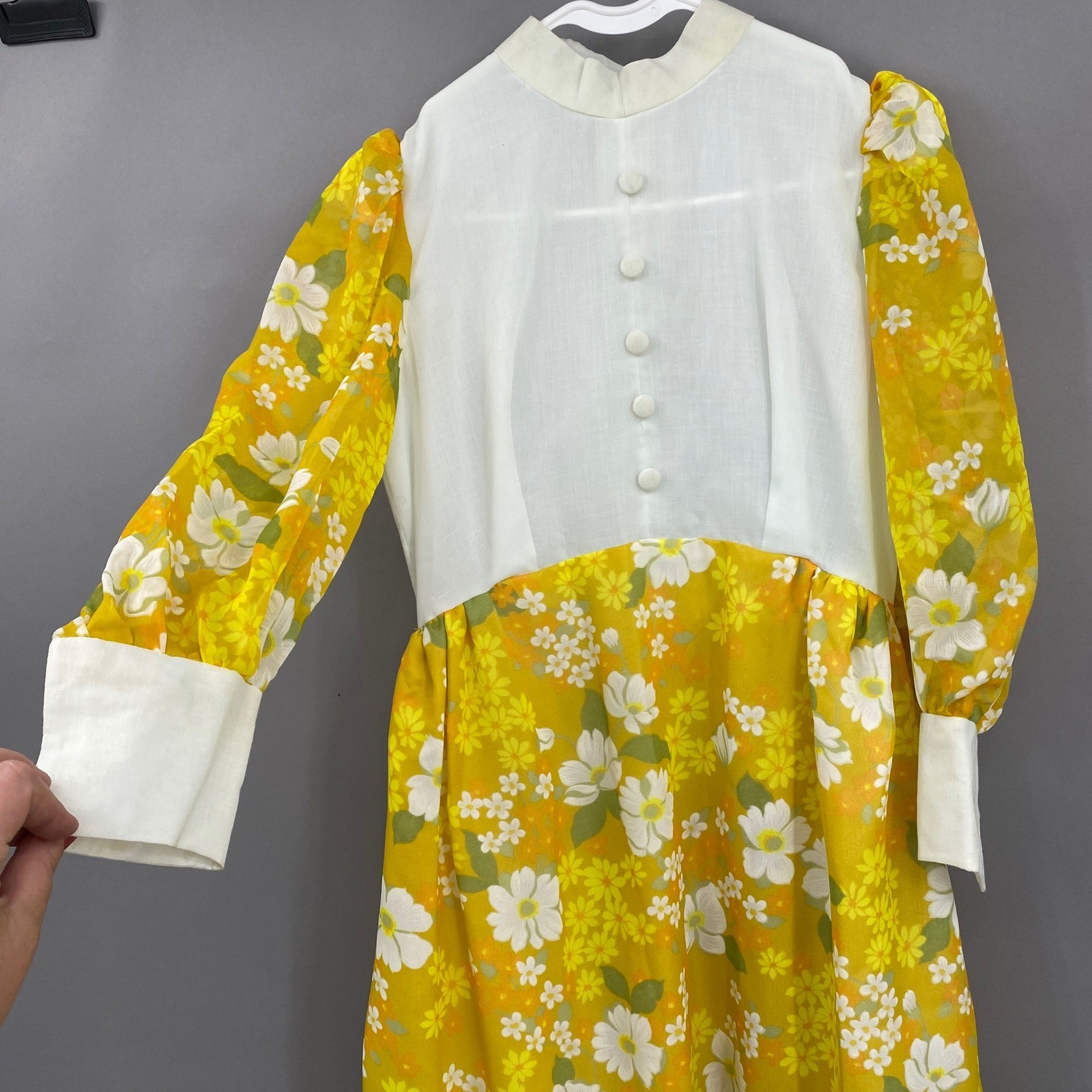 Vintage Flower Power Maxi Dress Womens Small Yellow Floral 70s Mod Psychedelic