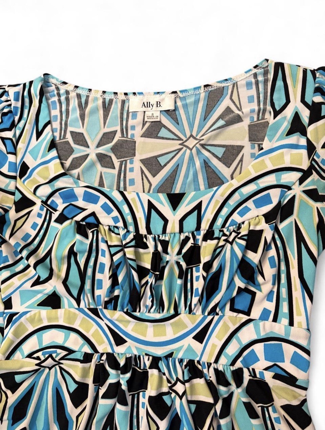 Ally B. Fit & Flare Geometric Dress Blue/White/Black/Green/Gray Scoop Neck S