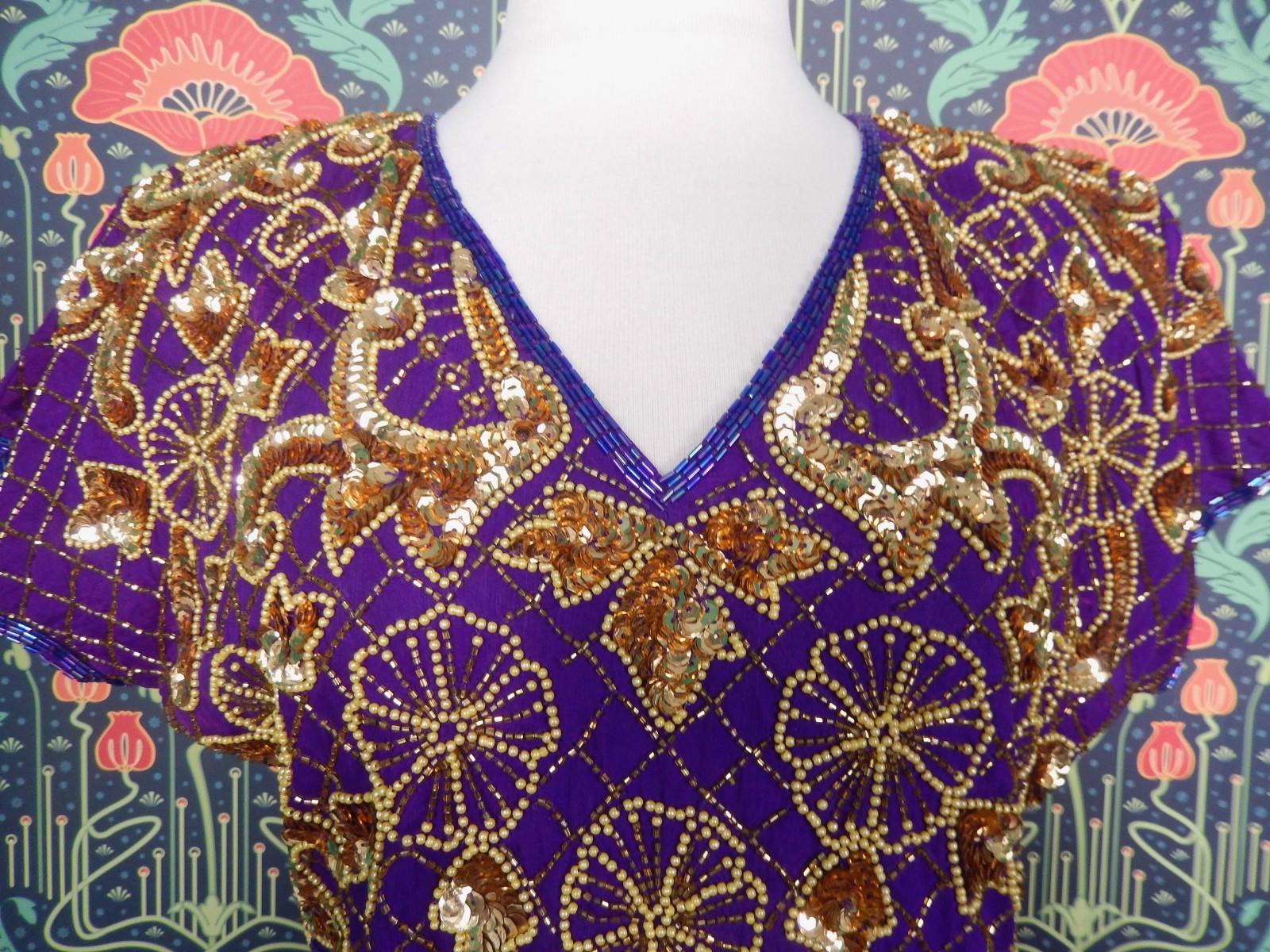 Vintage 80’s 90’s Purple Gold Sequin Beaded Party Cocktail Dress Glam Party