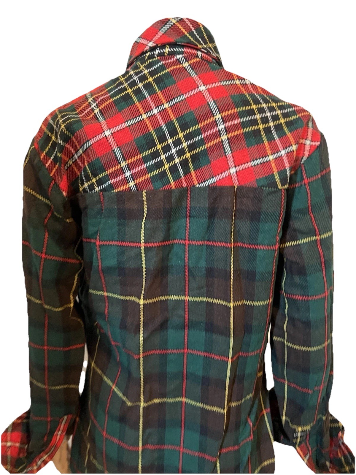 Vintage 1970s Green/Red Tartan Plaid Wool Blouse Women’s L Wide Collar Pockets