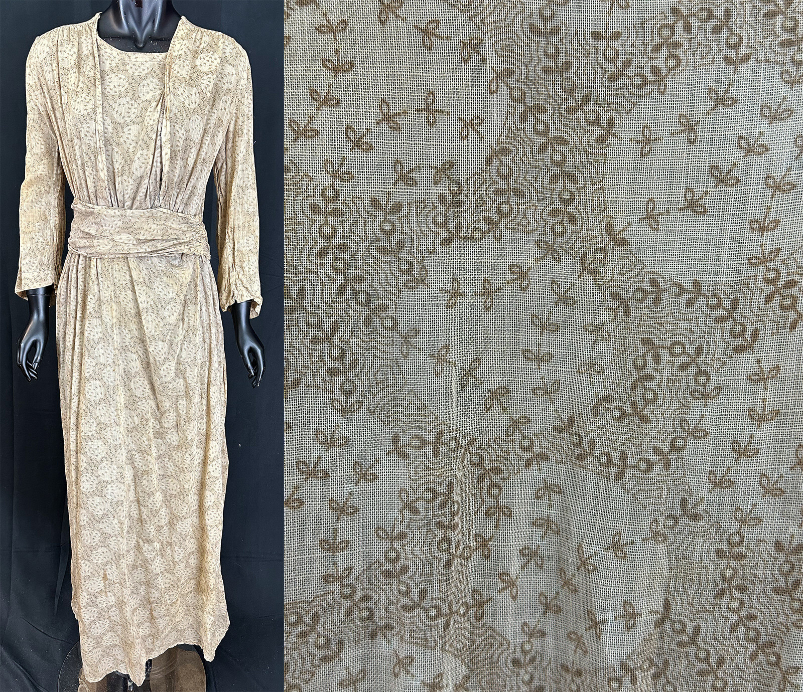 Edwardian Beige Spiral Vine Leaf Print Calico Cotton Muslin Women Workwear Dress