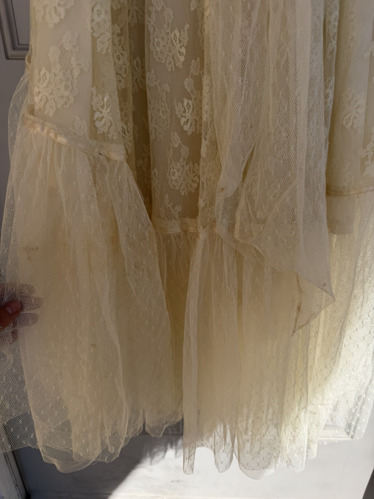 Vtg 70s Jody T Of California Ivory Blush Lace Hi Low Maxi Wedding Festival Dress
