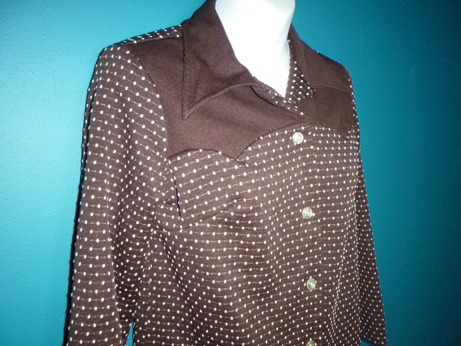 Vtg 60s 70s MOD Polyester Knit Shirt Jacket Brown White Dots Big Collar Sz S/M